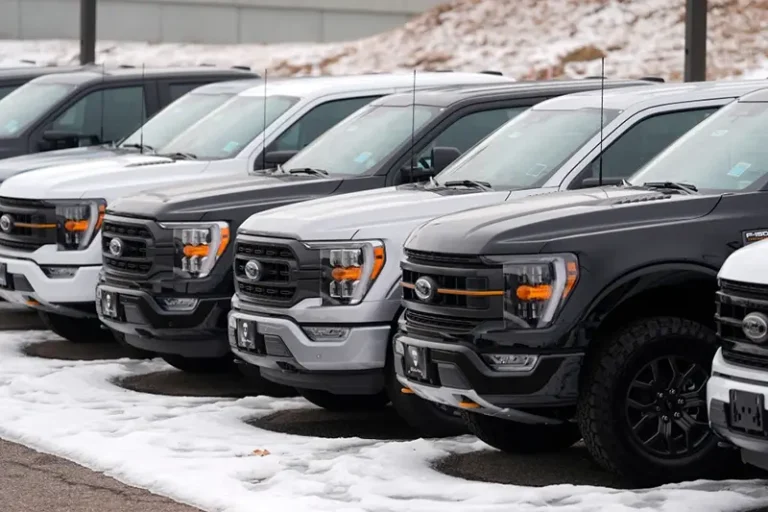 Unsold 2024 F150 pickup trucks sit in a long row at a Ford dealership Sunday, Jan. 21, 2024, in Broomfield, Colo. (AP Photo/David Zalubowski, File)