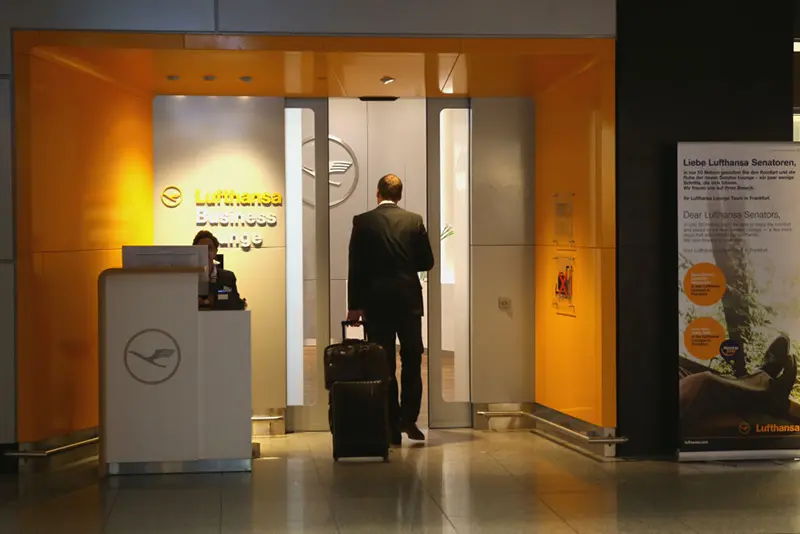 Lufthansa Business Class Lounge entrance in Terminal 1 at Frankfurt / Main International Airport in Frankfurt am Main, Germany. (Photo by Alexander Hassenstein/Getty Images)