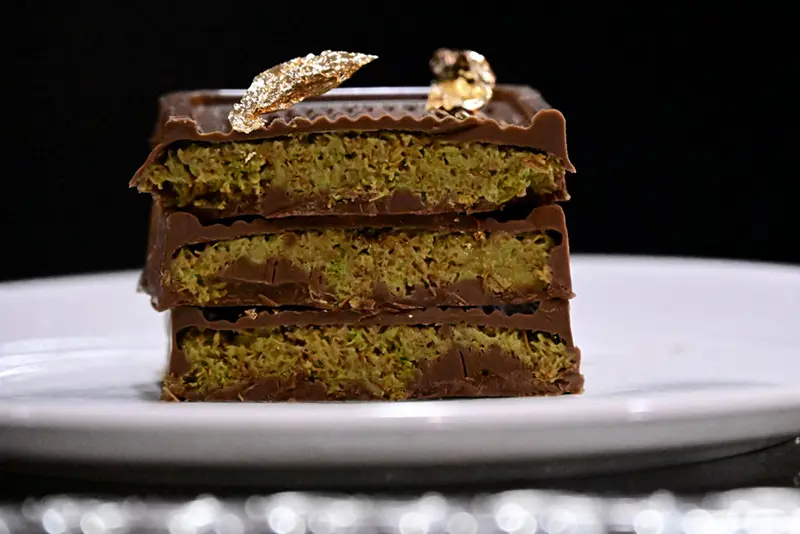 Pieces of Dubai chocolate with gold leaf are pictured at Abu Khaled Sweets oriental pastry shop in Berlin's Wedding district on November 14, 2024. Photo by TOBIAS SCHWARZ/AFP via Getty Images.