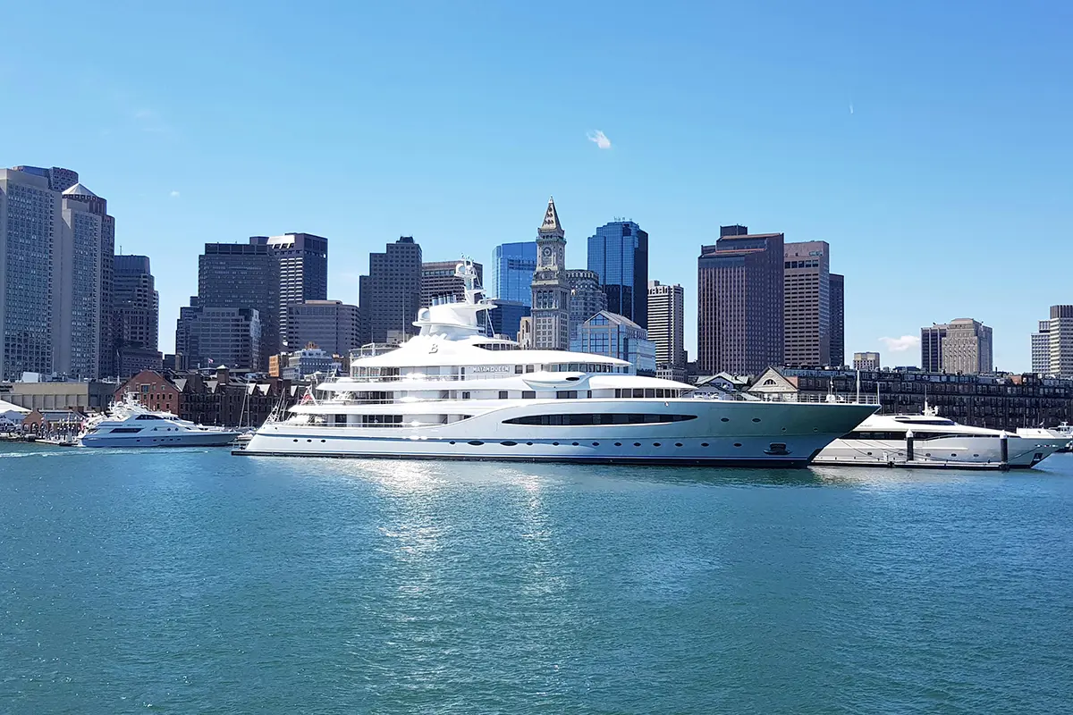 White Yacht Moored in Harbor in Boston, MA. Photo by Mohamed Hassan.